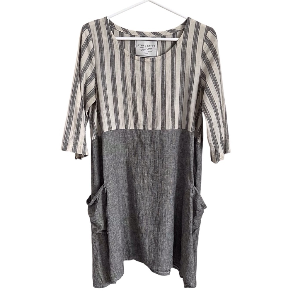 Simplicite Grey Lagenlook Dress Linen Cotton Coastal Neutral Beachy Sz 2 Small ?
